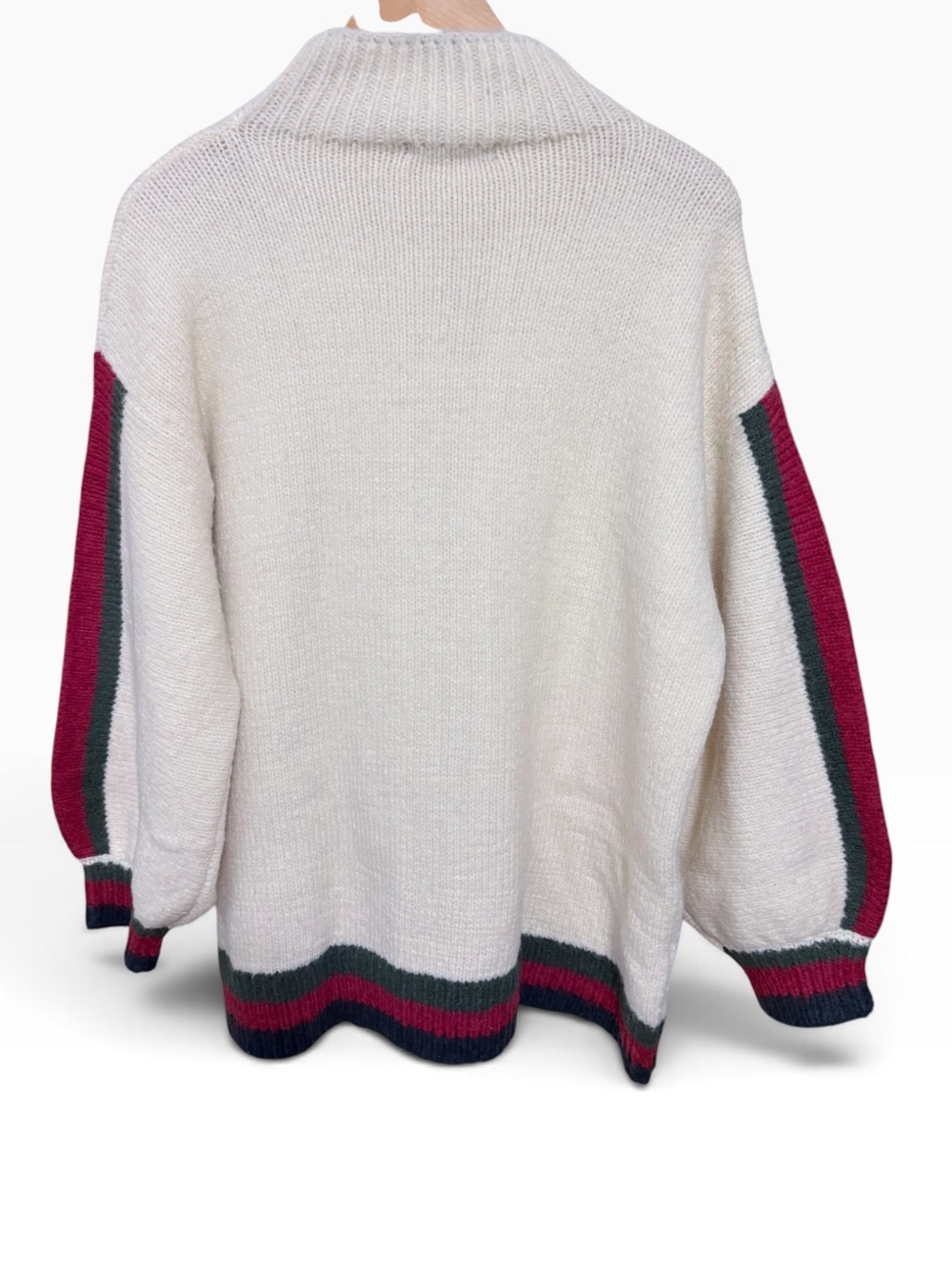 NWT Lyla + Luxe Cream Rib-Neck Sweater with Red & Navy Stripe Cuff Sz Large - Picture 2 of 12